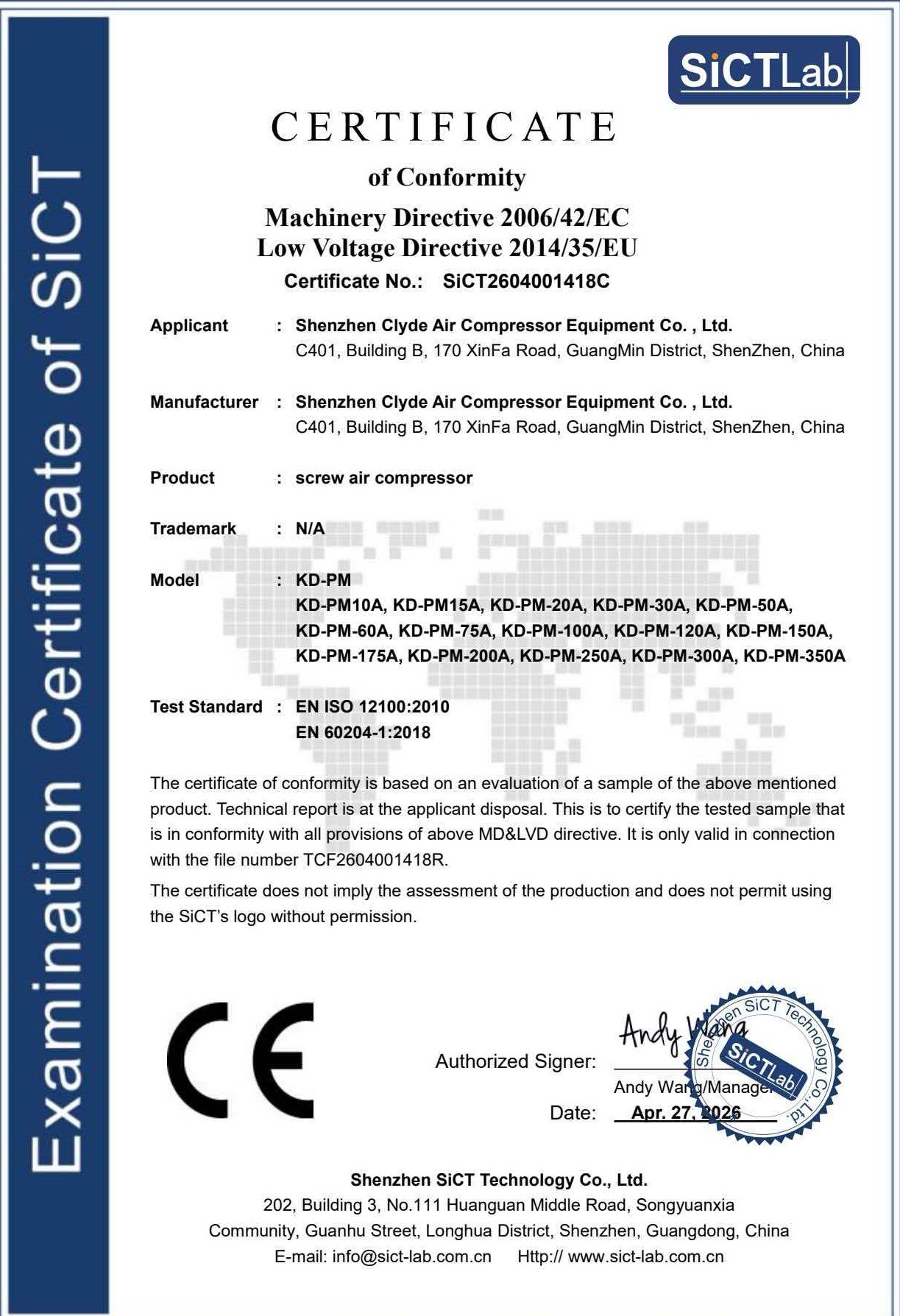 SiCT certificate of conformity — two-stage permanent magnet VFD screw air compressor